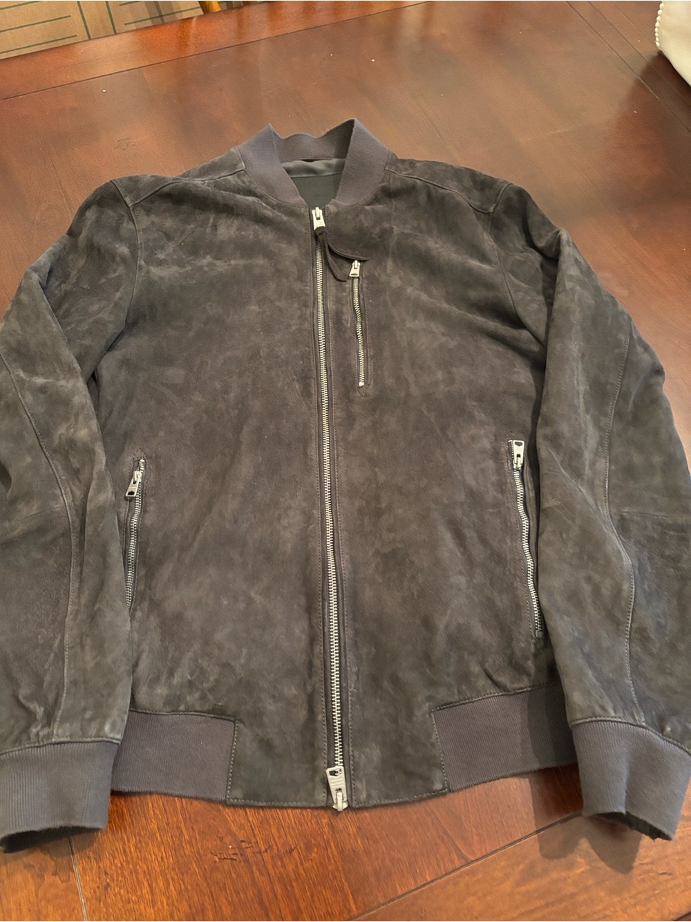 All Saints Charcoal Suede Bomber Jacket
